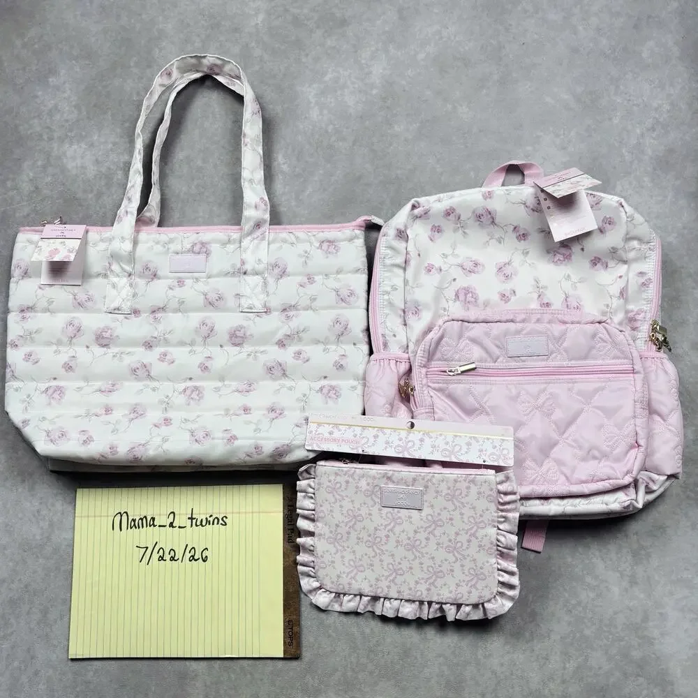 LoveShackFancy Target NWT Backpack Tote Accessory Pouch Bag Set Ribbon Rosa Pink